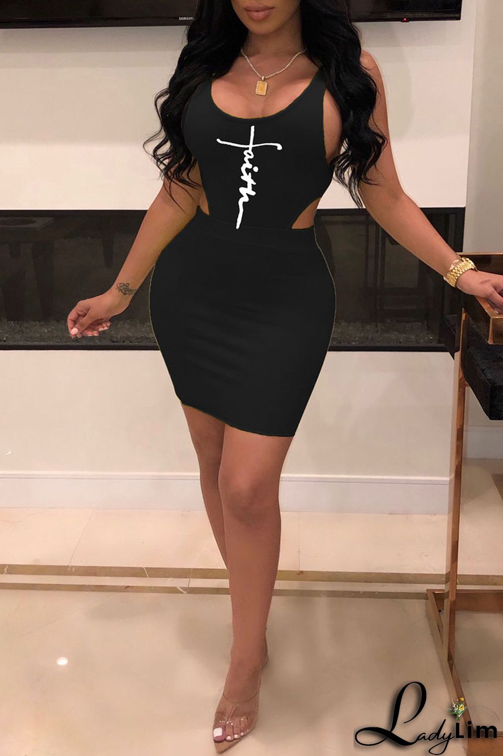 Yellow Sexy Print Patchwork U Neck Two Pieces