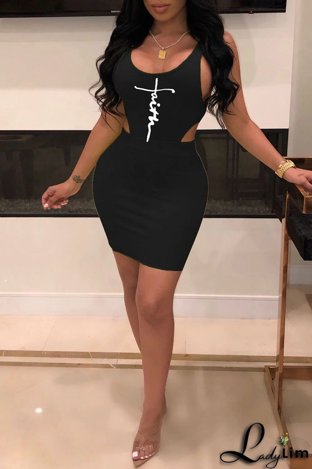 Yellow Sexy Print Patchwork U Neck Two Pieces