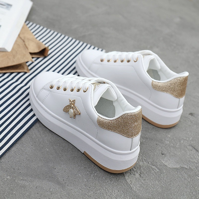 Breakj Women Casual Shoes 2022 New Women Sneakers Fashion Breathable PU Leather Platform White Women Shoes Soft Footwears Rhinestone
