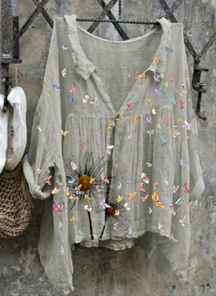 Comstylish Retro Butterfly Daisy Print Casual Cotton Linen Shirt