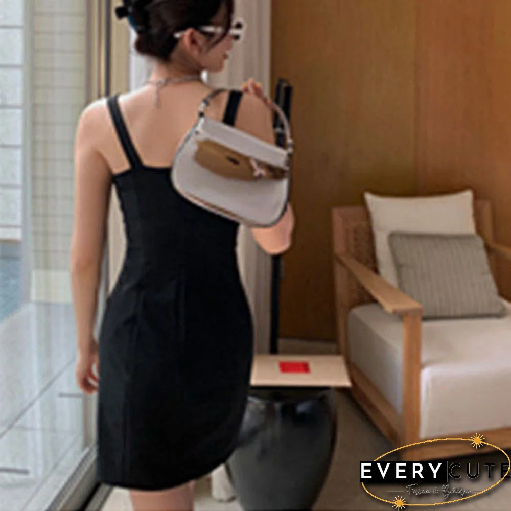 Hip Dress Women Sexy Square Collar French Sleeveless Backless Mini Slit Black Dresses Ladies Ins Ulzzang Party Vestido Versatile
