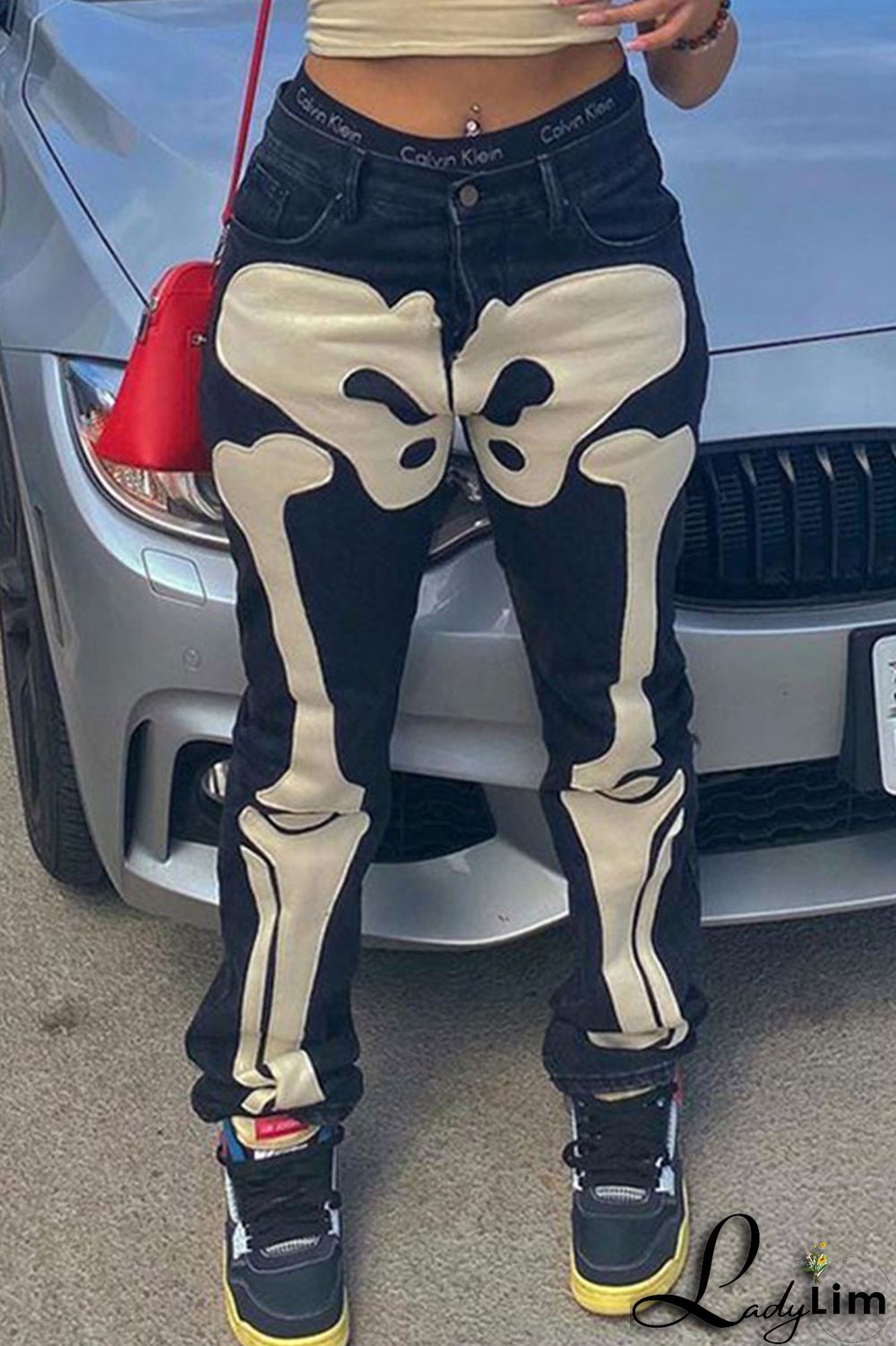 Black Casual Street Print Patchwork High Waist Denim Jeans