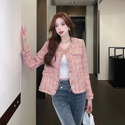 New Autumn and Winter Vintage Pink Tweed Weave Jackets Women Small Fragrance Korean Tassel Tweed Coats Elegant Outerwear Tops