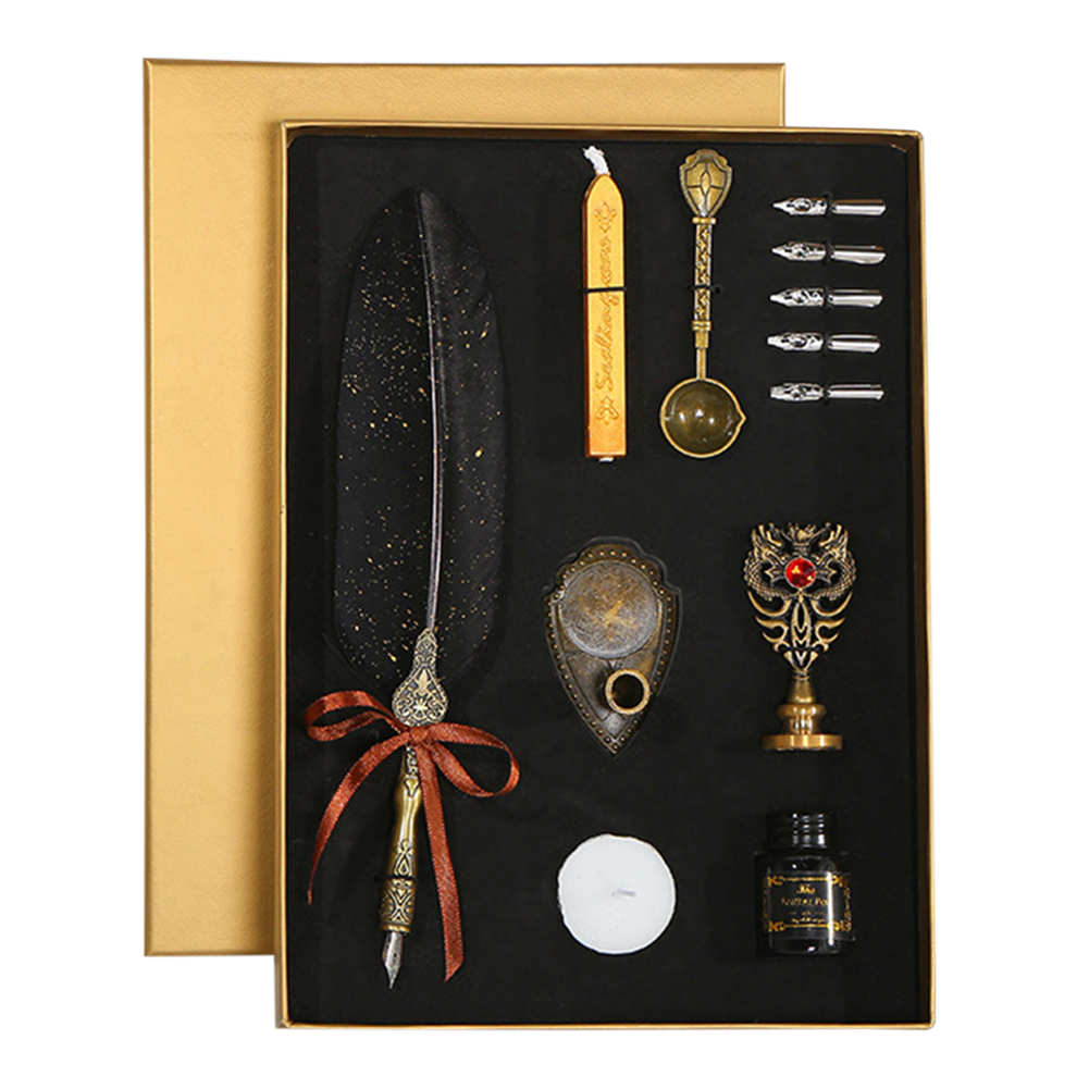 

Black Retro Sprinkling Gold with Nib Ink Bottle Calligraphy Feather Dip Pen Kit, 501 Original