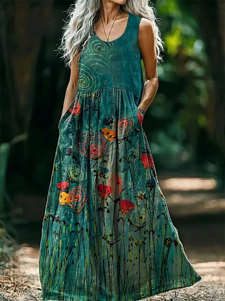 Women's Floral Art Print Round Neck Sleeveless Cotton Pocket Dresses