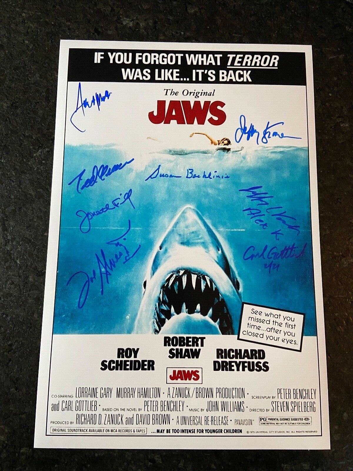 * JAWS * signed 12x18 poster * BACKLINIE, KRAMER, GOTTLIEB +5 MORE * PROOF * 2