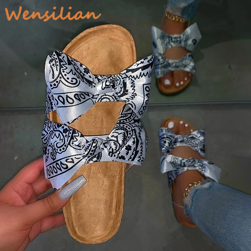 Women Sandals 2021 Summer Sandals For Women Double Bow Satin Cork Slippers Brand Beach Flat Shoes Sandles Sandalias Mujer