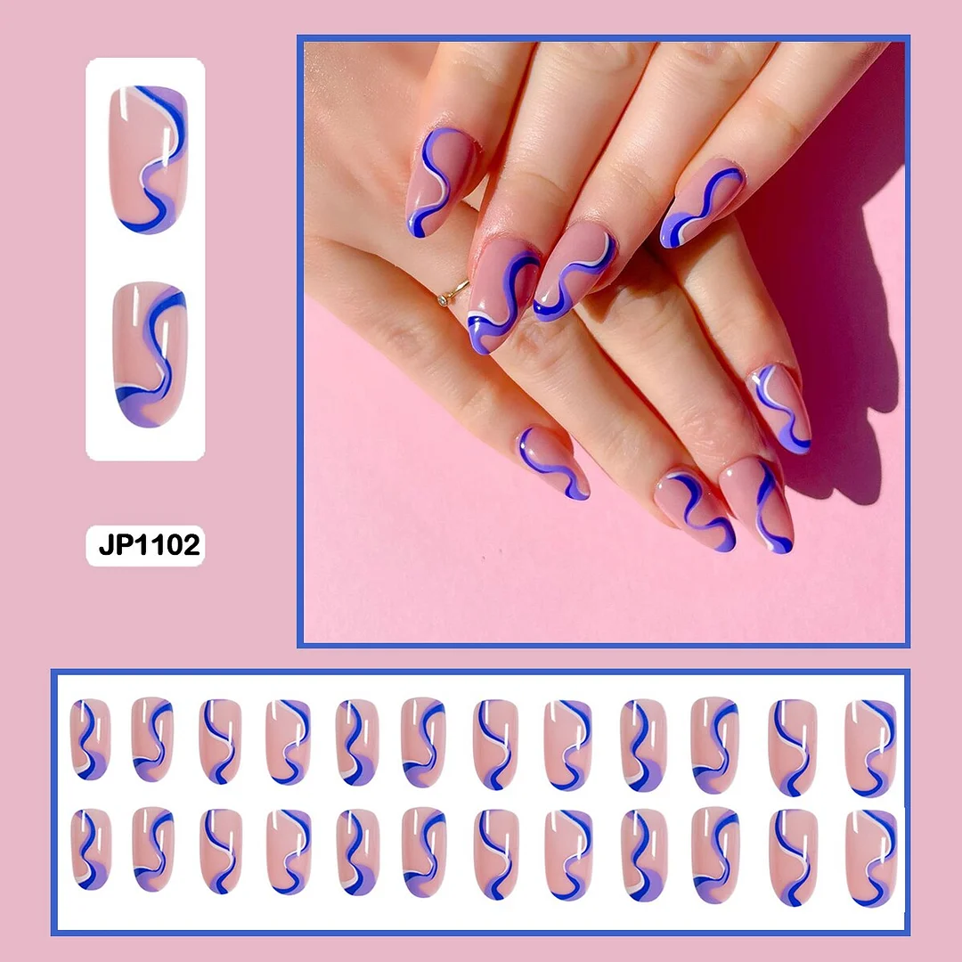 24Pcs/Set French Contracted Artistic Line Drip Shaped Short Wearable False Nails With Glue Manicure Art Tools Fake Nails-Nail Inspo