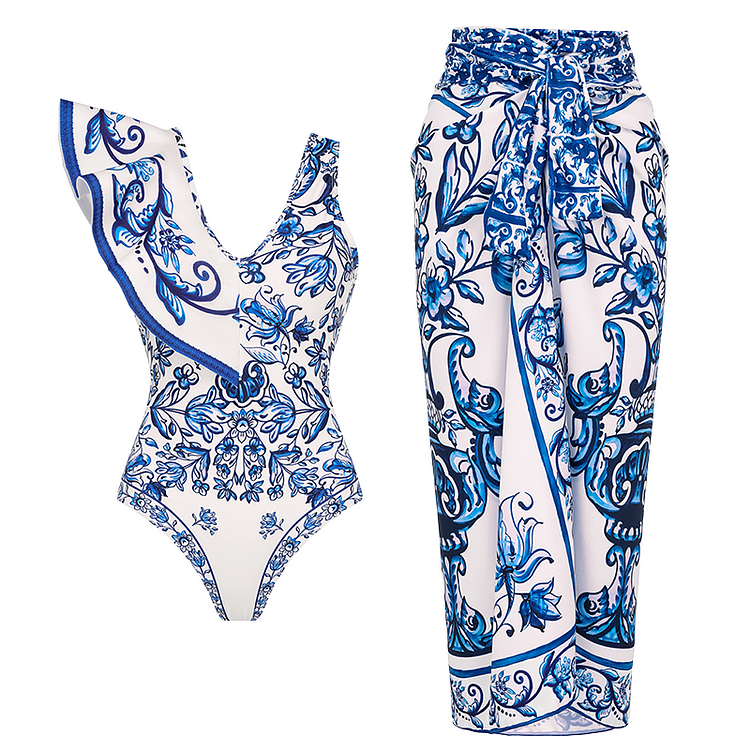 Ruffle V Neck Blue and White Porcelain Majolica Pattern Print One Piece Swimsuit and Skirt or Sarong(Shipped on Jan 15th)