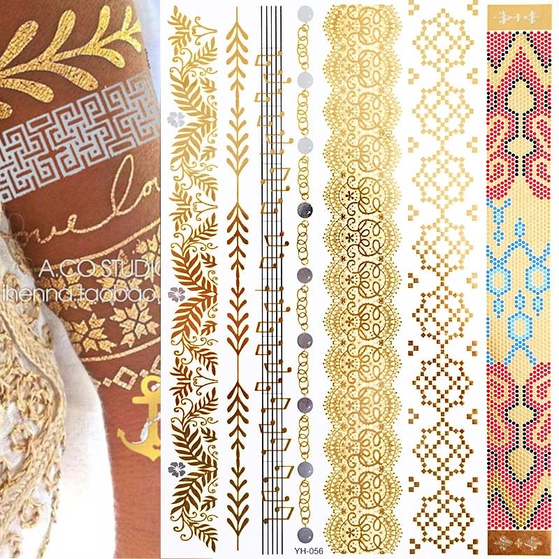 Temporary Tattoos, Waterproof Non-Toxic 175+ Designs, 1 Large Sheets Metallic Henna Tattoos in Gold & Silver, Gold