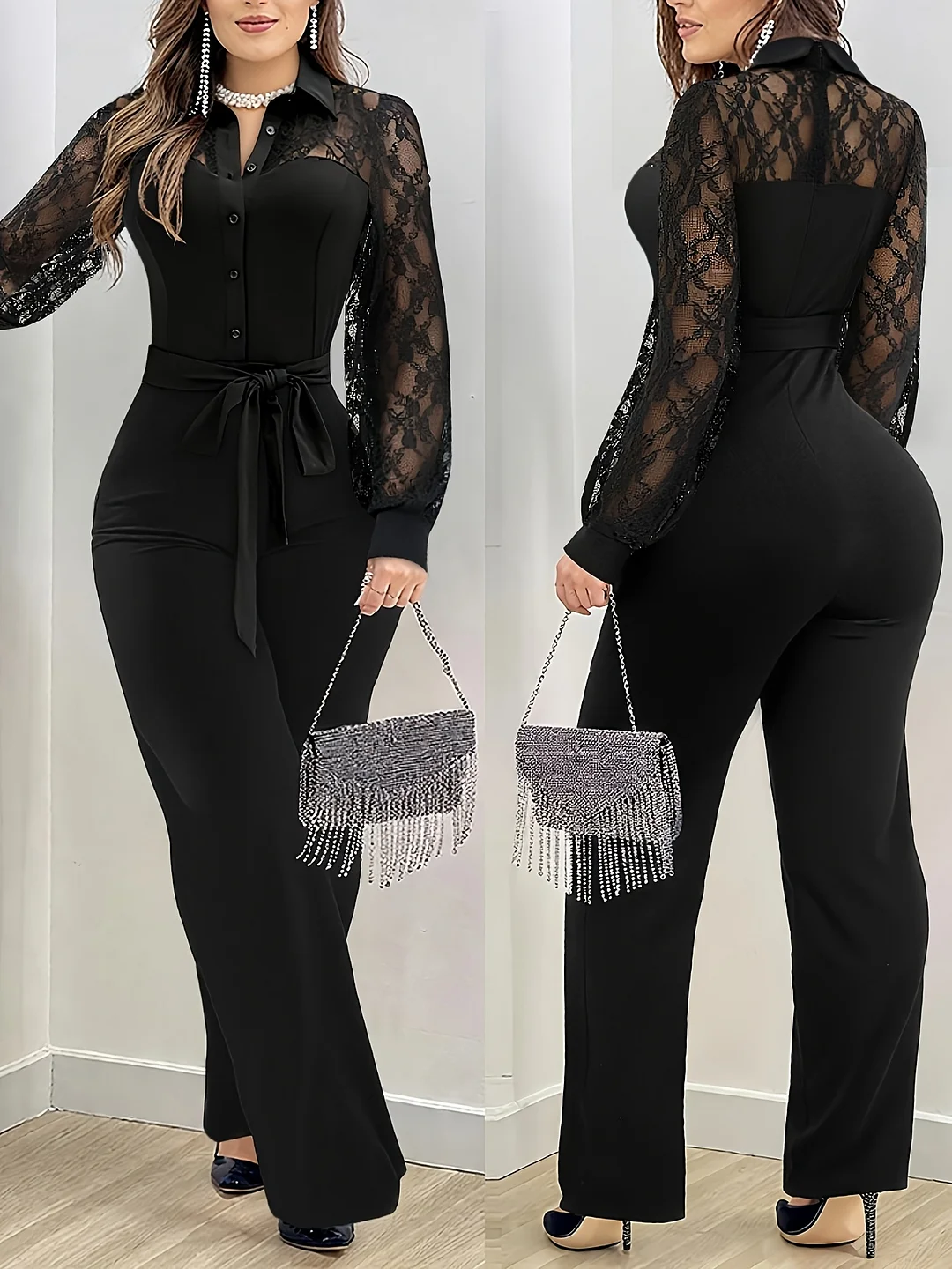 Women‘s Elegant Black Lace Sleeve & Turn- Collar Slim-Fit Jumpsuit with Adjustable Bow Tie Waist & Back Zipper Closure - Long Sleeve Overalls for Fall/Winter Evening Outfits, Parties, Semi-Formal Events - Versatile to Dressy Outfits | IFYHOME