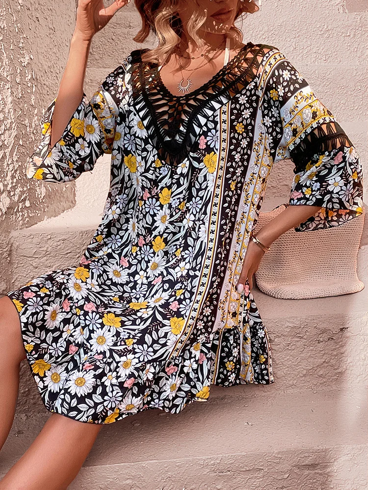 Swimwear Floral Pattern Hollow Out Vacation Cover Up