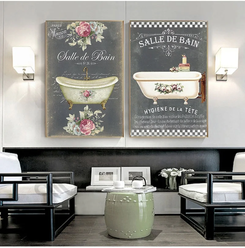 French Bathroom Decoration Paintings Print Vintage Posters Salle de Bain Le Bain Chalkboard Shabby Fine Wall Art Canvas Pictures