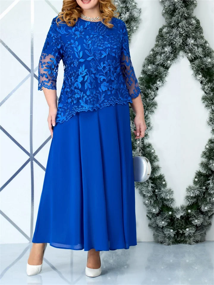 New Women's Water-soluble Embroidery Dress Europe and The United States Lace Chiffon Plus Size Dresses-JRSEE