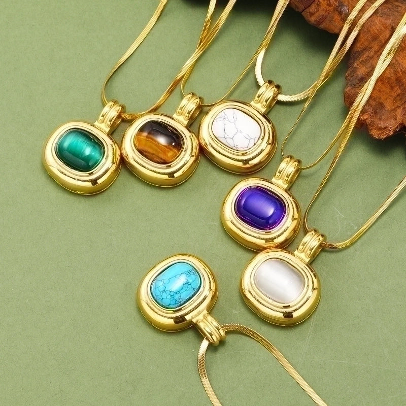 Titanium Steel IG Style Minimalist Oval Plating Inlay Turquoise Opal Tiger Eye Pendant Necklace
