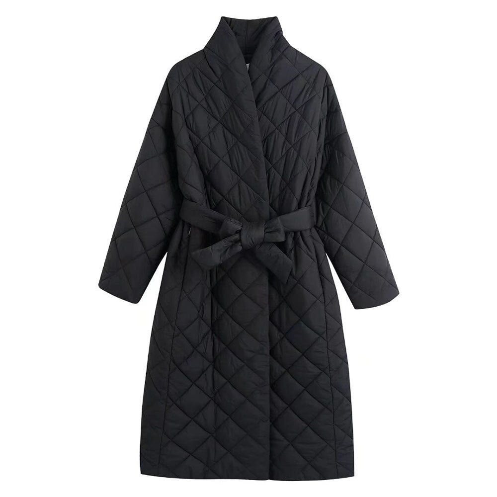 Willshela Women Fashion Long Padded Coat with Belt Long Sleeves High Neck Winter Warm Parkas Chic Lady Woman Long Jacket