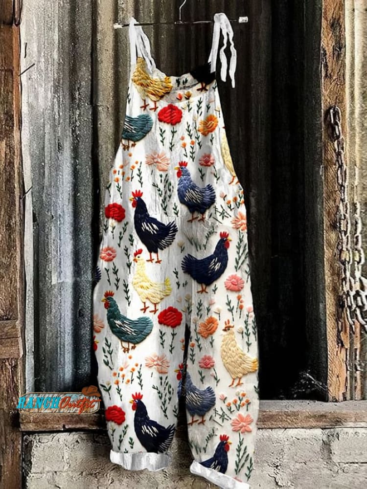 Women’s Vintage Farm Chicken Print Casual Linen Blend Jumpsuit As Shown / S