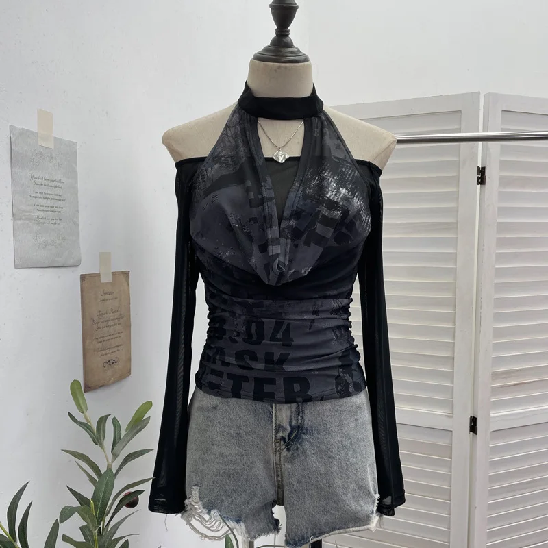 Nigikala Nigikala Hottie Hanging Neck A Word Shoulder Collar Long Sleeve Mesh Yarn T-Shirt 1331