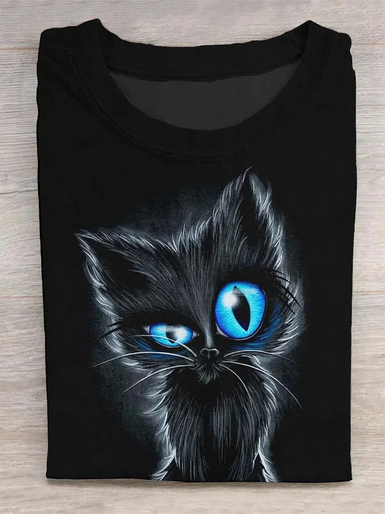 Cute Black Cat Art Print Design T-shirt