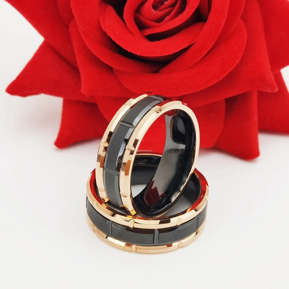 8MM Women's Or Men's Tungsten Carbide Wedding Rings Duo Tone Black and Rose Gold Brick Pattern Comfort Grooved Fit