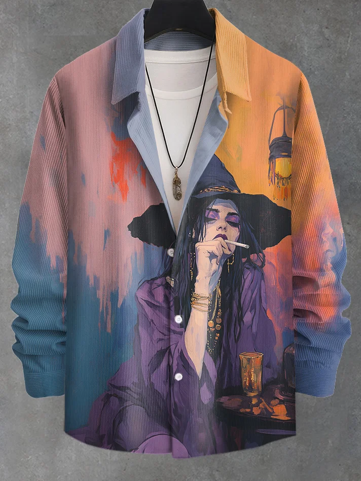 Men's Decadent Witch Bar Smoking Art Print Corduroy Long Sleeve Shirt