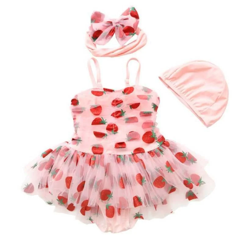 Newborn Baby Girl Strawberry Swim Suit With Cap Headwear Infant Toddler Tutu Dress Swimwear Bathing Suit Kid Swimming Clothing