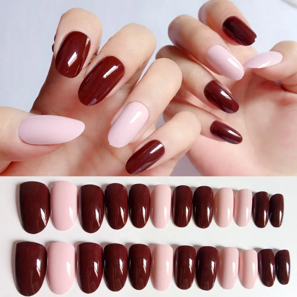24Pcs Mex Color Long Artificial Fake Nails Shiny Brown DIY Lady Finger False Nails For Design Salon Tip Manicure Tool-Nail Inspo