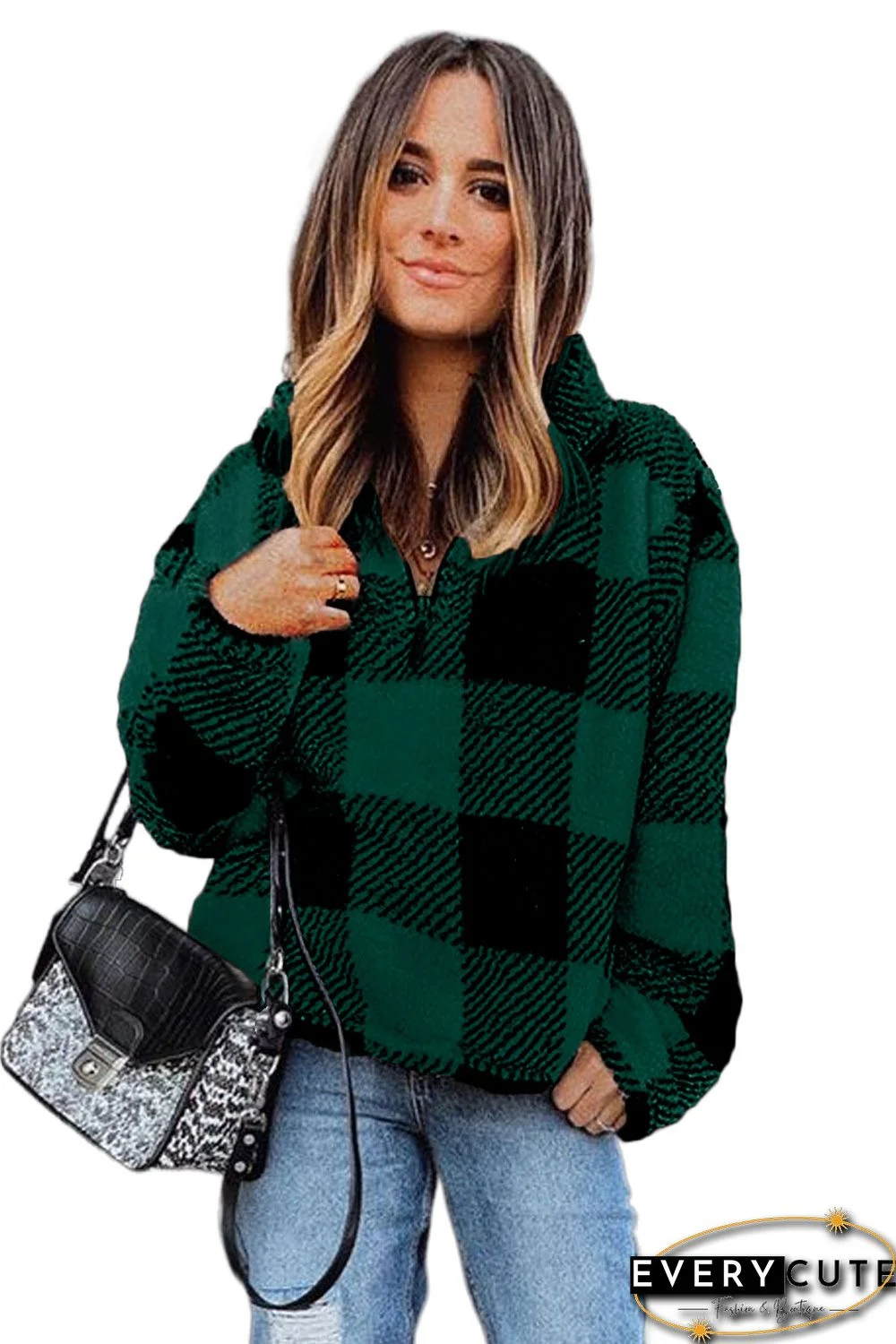 Green Checkered Half Zip Pullover