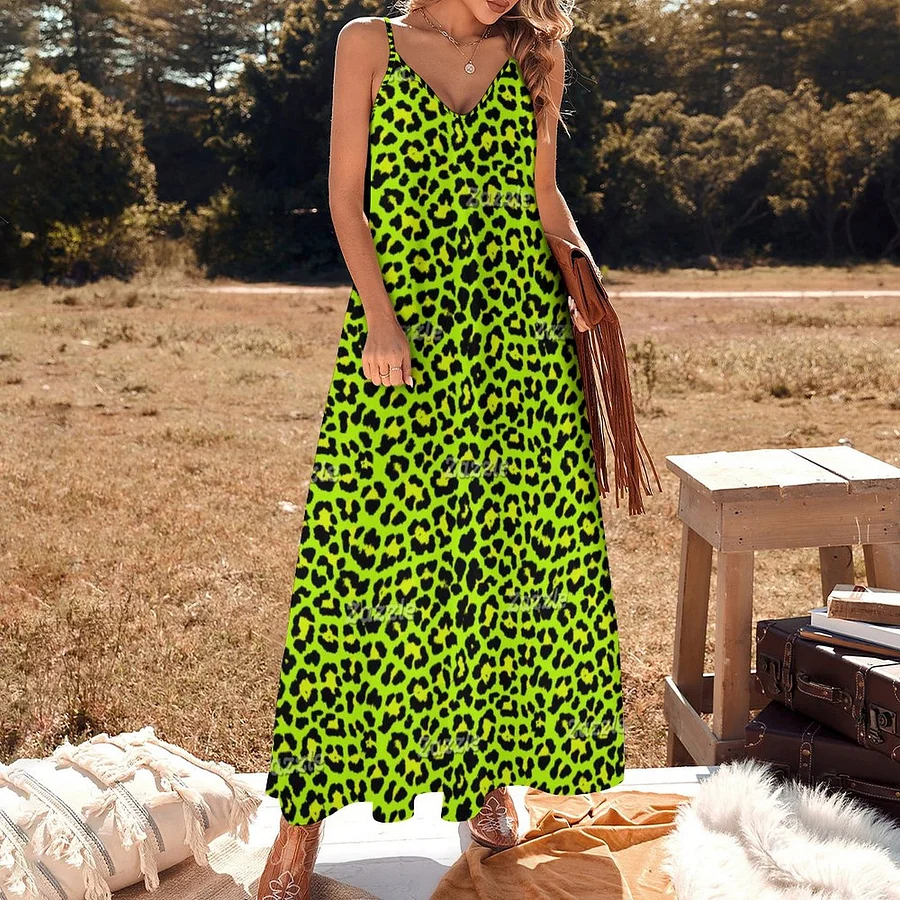 Striking Lime Green Punk Rock Leopard Women's Casual Strappy V Neck Sleeveless Flowy Loose Long Maxi Beach Dress Sundress Green-4XL