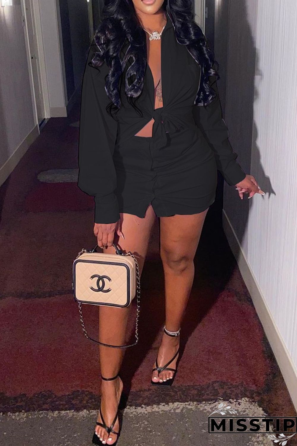 Coffee Fashion Sexy Solid Basic Turndown Collar Long Sleeve Two Pieces