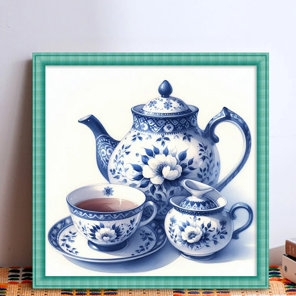 11CT Full Stamped Cross Stitch - Blue and white porcelain Porcelain Teapot(Canvas|40*40CM)