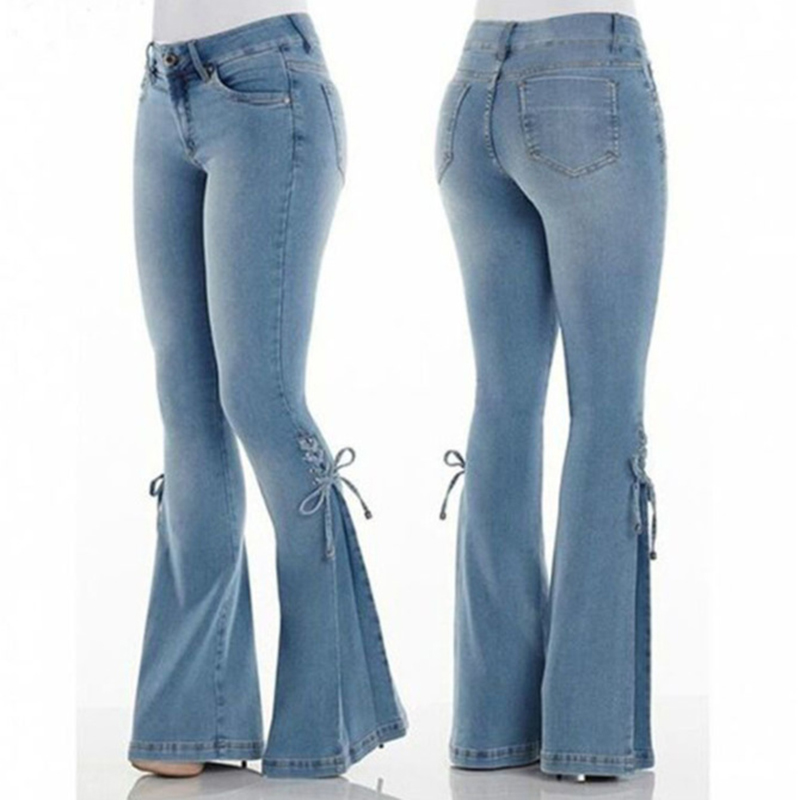 Mid-Waist Lace-Up Flared Jeans wearshes
