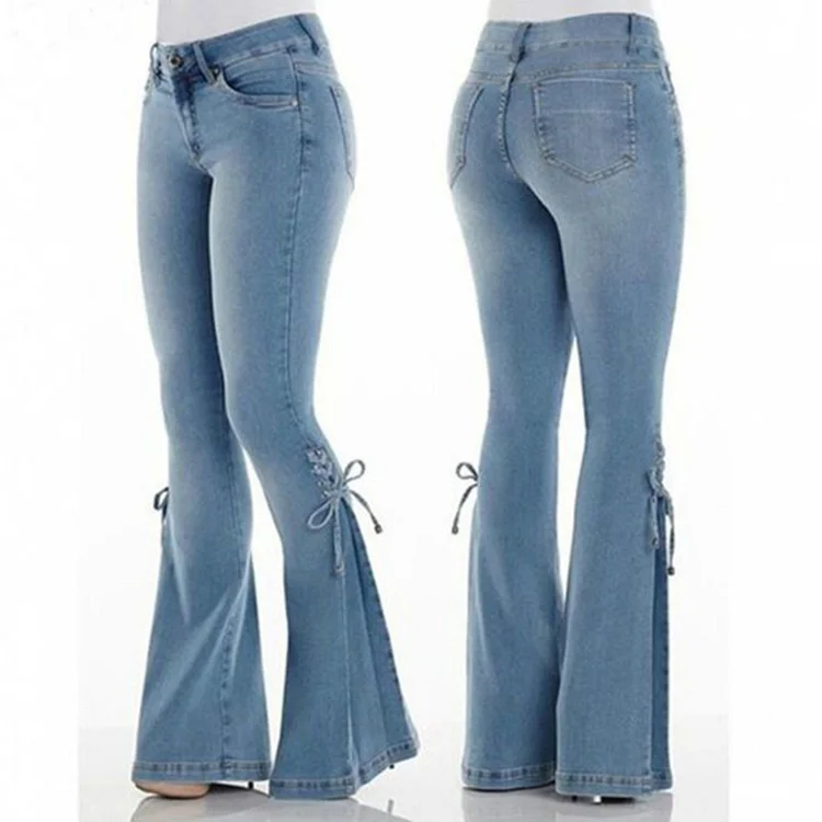 Mid-Waist Lace-Up Flared Jeans