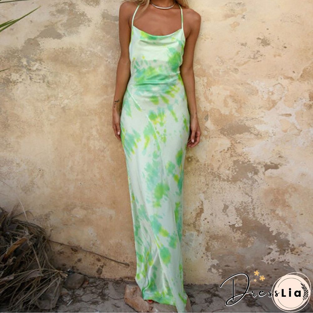 Fashion Tie-dye Dress Women Dress Seaside Holiday Style Halter Neck Cross Open Back Sexy Dress Vestidos De Mujer