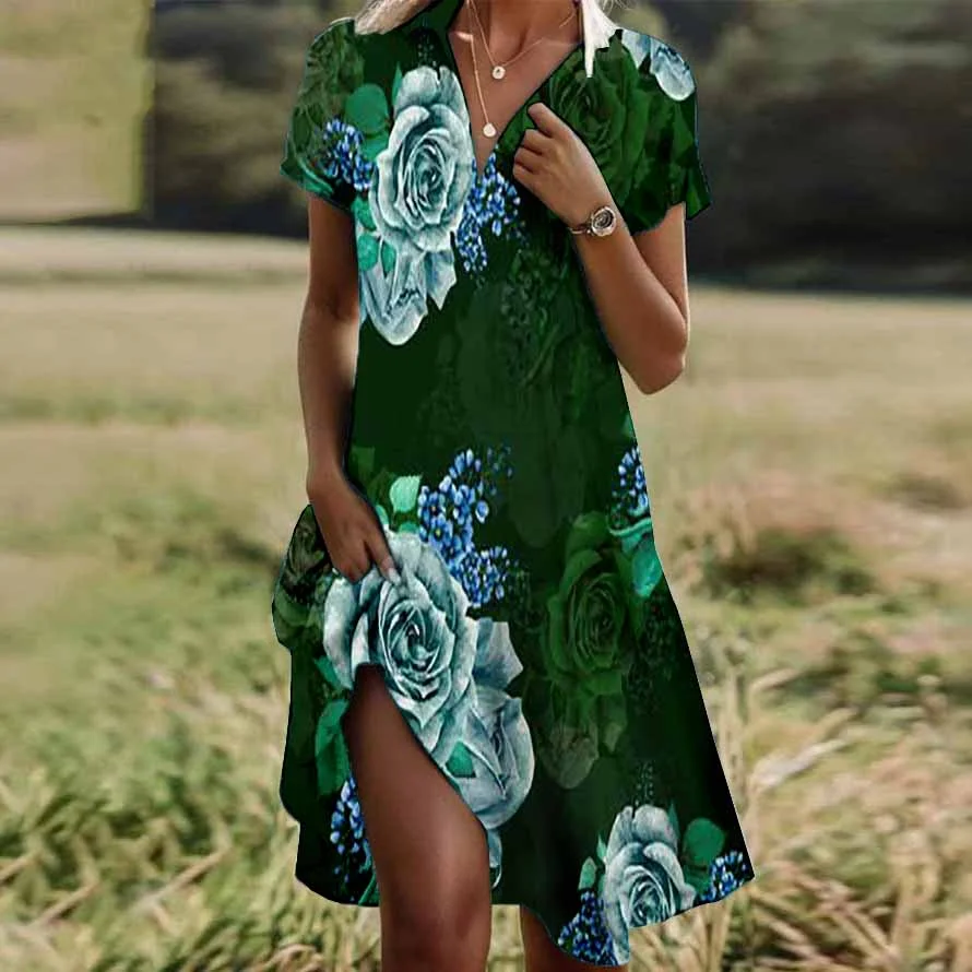 Women Half Sleeve V-neck Solid Color Dress