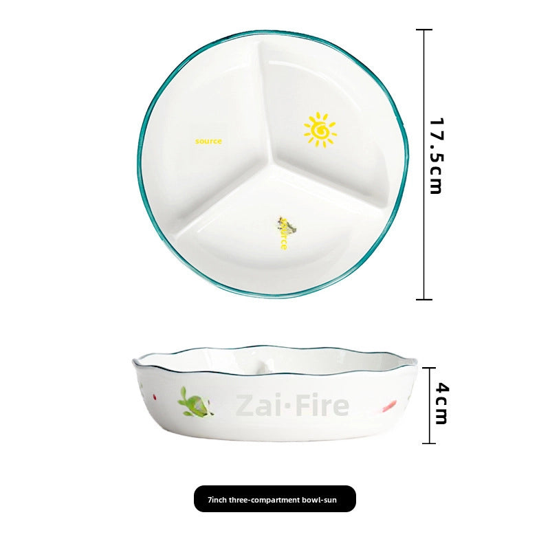 Ceramic Compartment Deep Bowl With Lid Sealed Partition Bowl Heat-resistant Microwave Oven Special Three-compartment Bowl Plate Snack Lunch Box