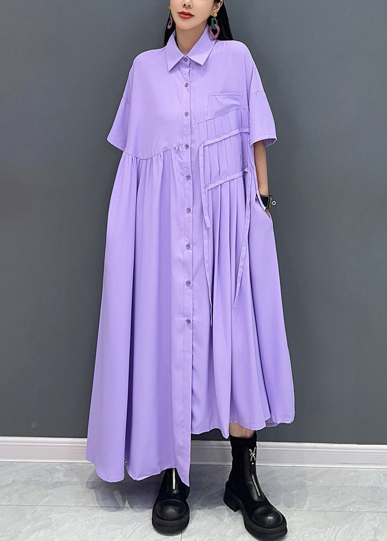 VCSHOES Purple Wrinkled Pockets Cotton Shirts Dress Summer
