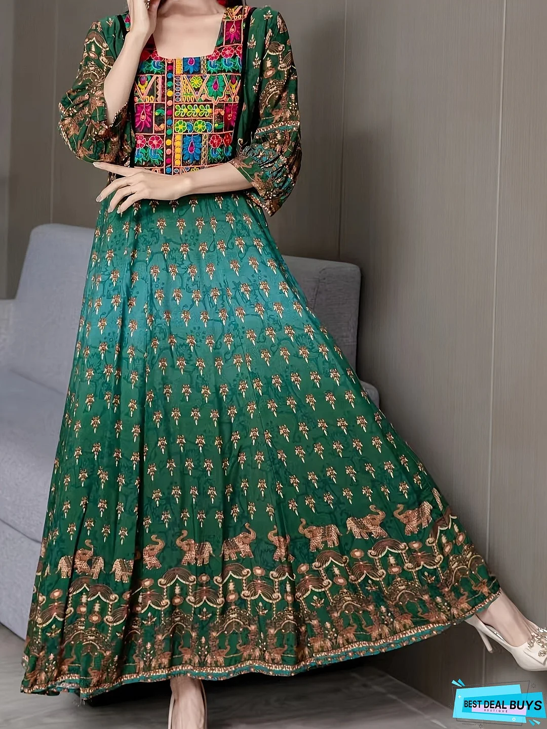 Ethnic Floral Pattern Maxi Dress, Boho Square Neck 3/4 Sleeve Dress, Women's Clothing