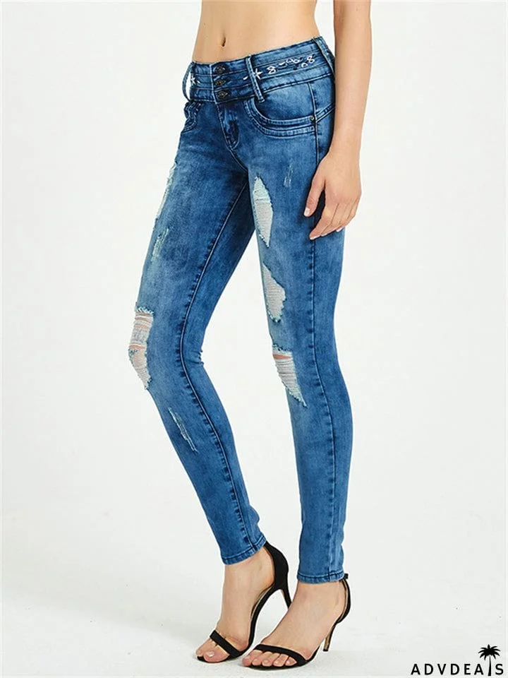 Women's Casual Style Floral Embroidery Buttons Denim Jeans
