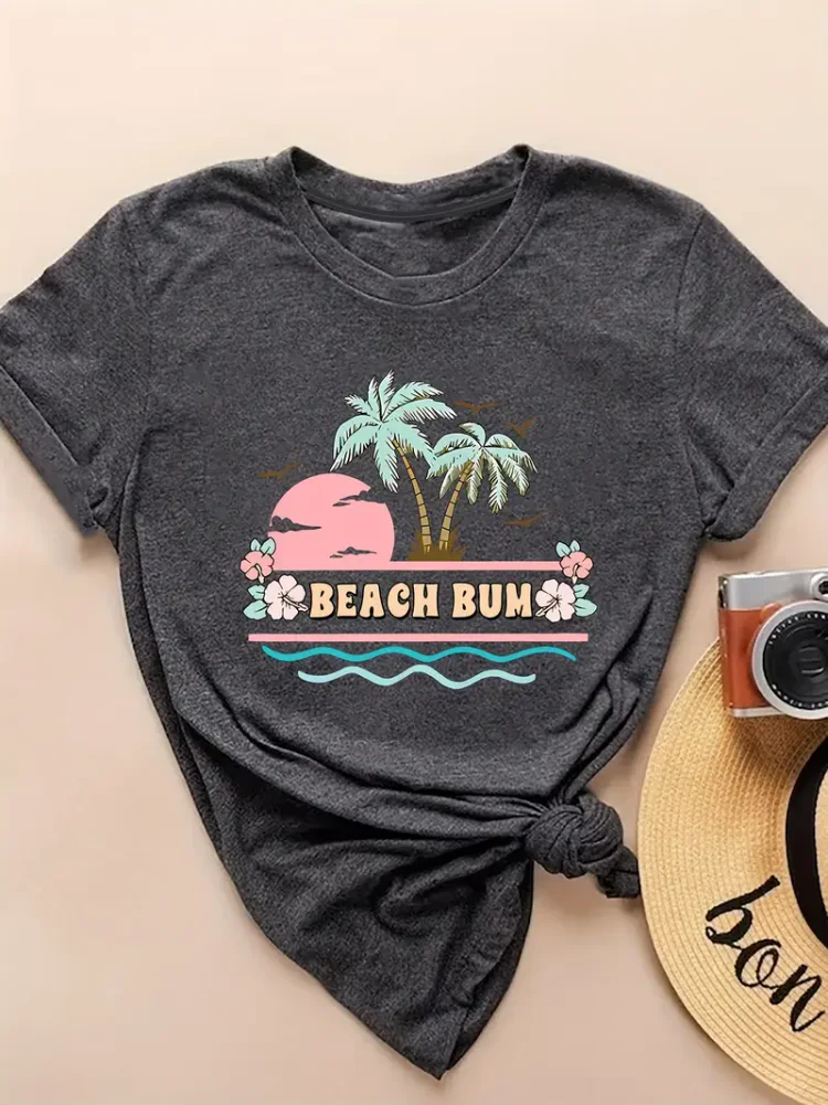 Women's Vintage "Beach Bum" Palm Trees & Sunset Graphic Tee  Casual Short Sleeve Round Neck T-Shirt for Spring/Summer