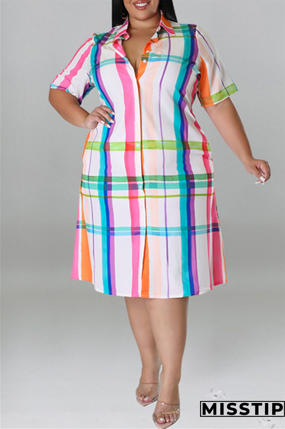 Blue Fashion Casual Plus Size Plaid Print Patchwork Turndown Collar Shirt Dress