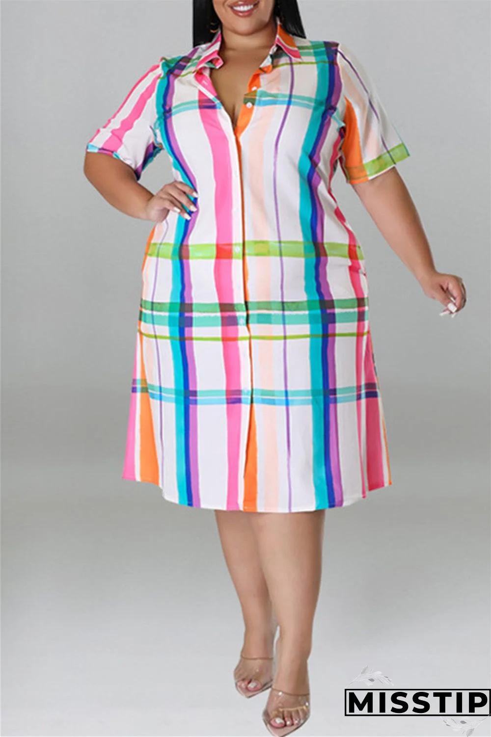 Blue Fashion Casual Plus Size Plaid Print Patchwork Turndown Collar Shirt Dress