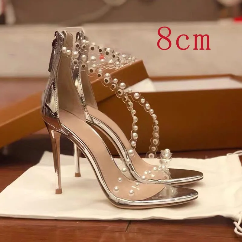  2022 New Women Heels Sandals Stiletto 8Cm Sexy Heels Party Shoes Back Pearl Transparent Thin Heel One-Sided Sandals