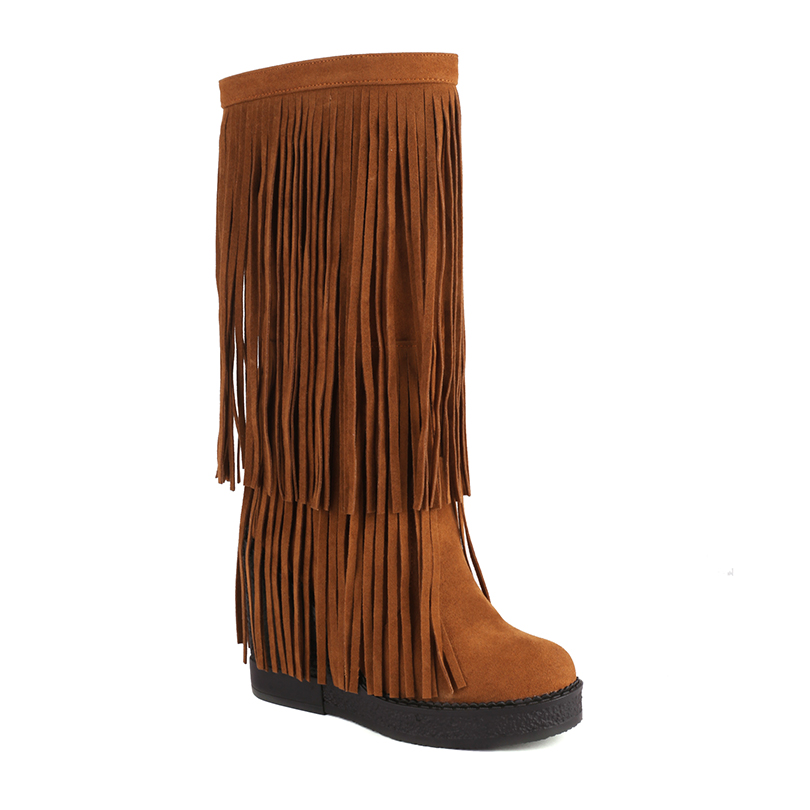 GOOSHOE Float Tassel Street Knee High Boots With Flat Sloping Heel And Warm Plush Inner Lining For Boots