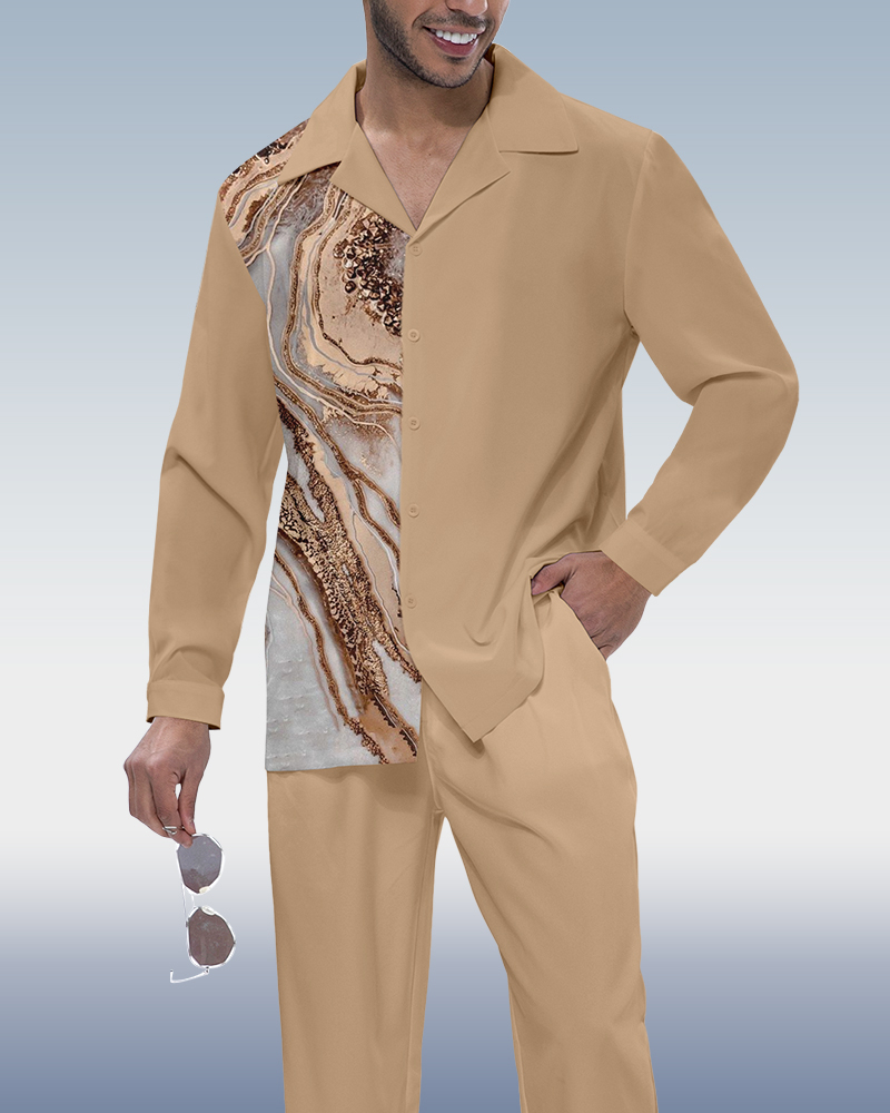 Suitmens Men's coffee patchwork long-sleeved shirt walking suit 3227