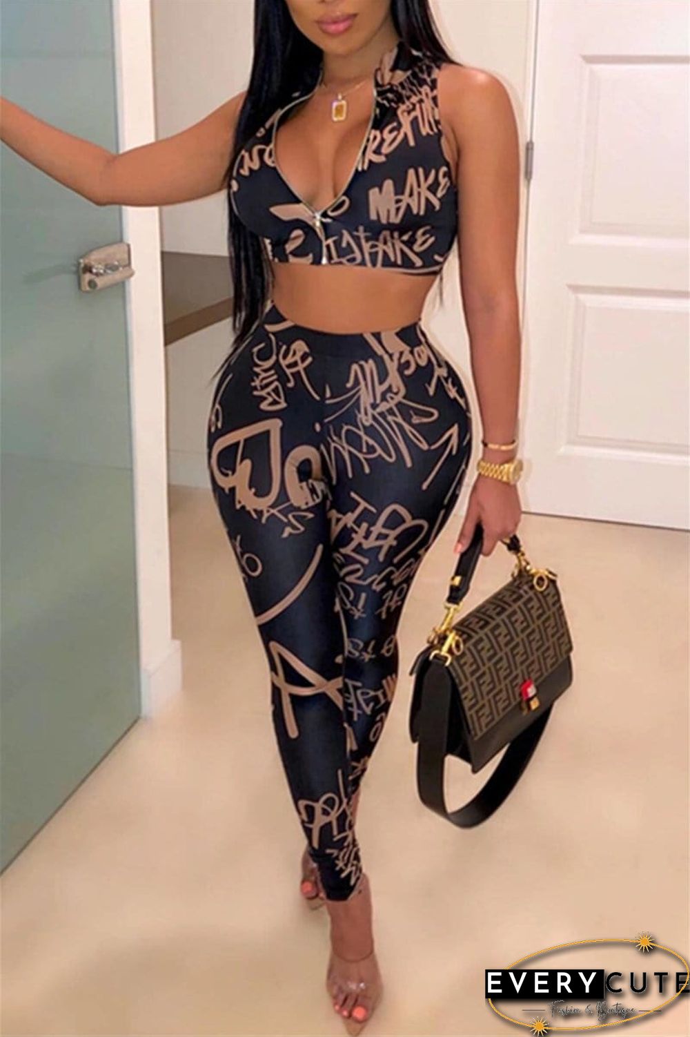 Fashion Sexy Letter Print Sleeveless Suit