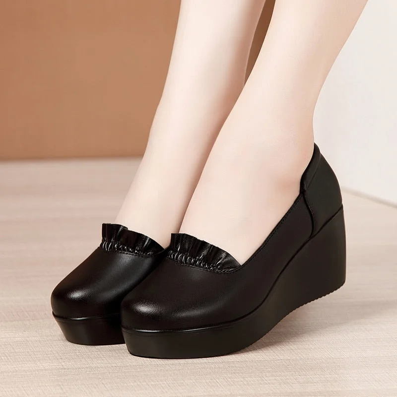 GKTINOO Wedges Shoes for Women 2022 Autumn Spring Platform Pumps Woman High Heels Leather Office Shoes Ladies Plus Size 33-43