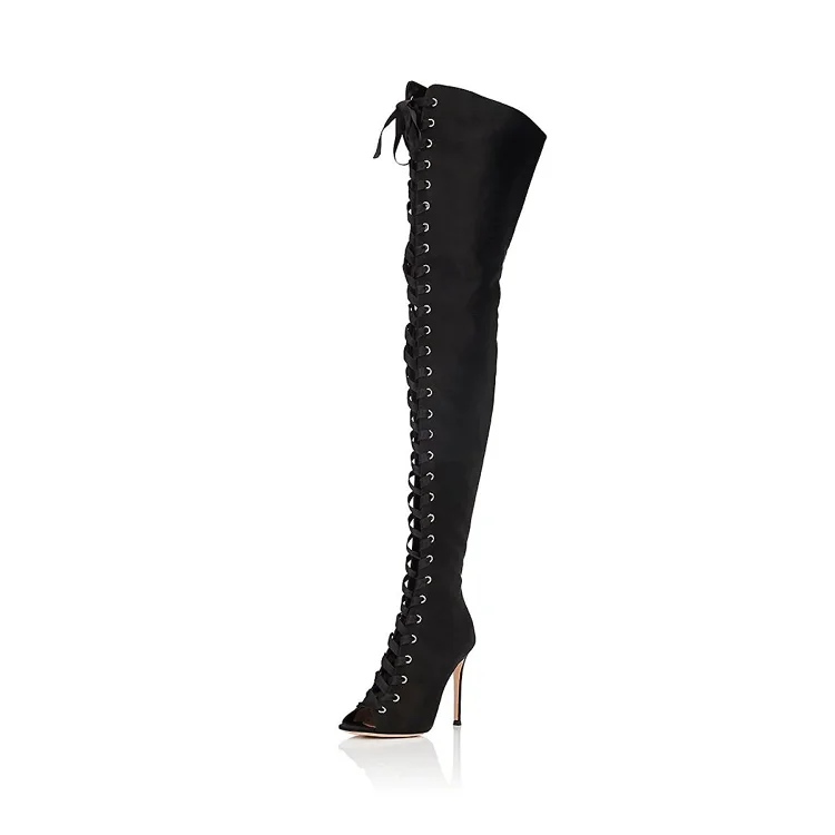 Black Thigh High Lace up Boots Satin Stiletto Heel Long Boots |FSJ Shoes