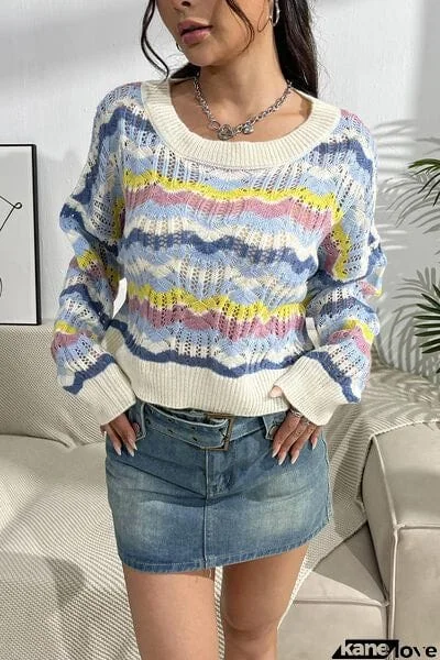 Striped Openwork Dropped Shoulder Sweater