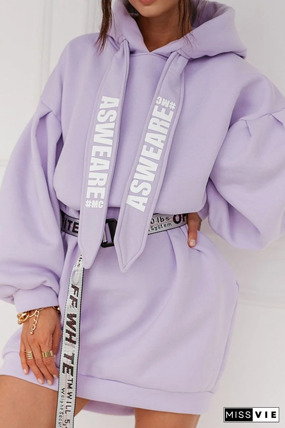 Letter Print Drawstring Hooded Dress